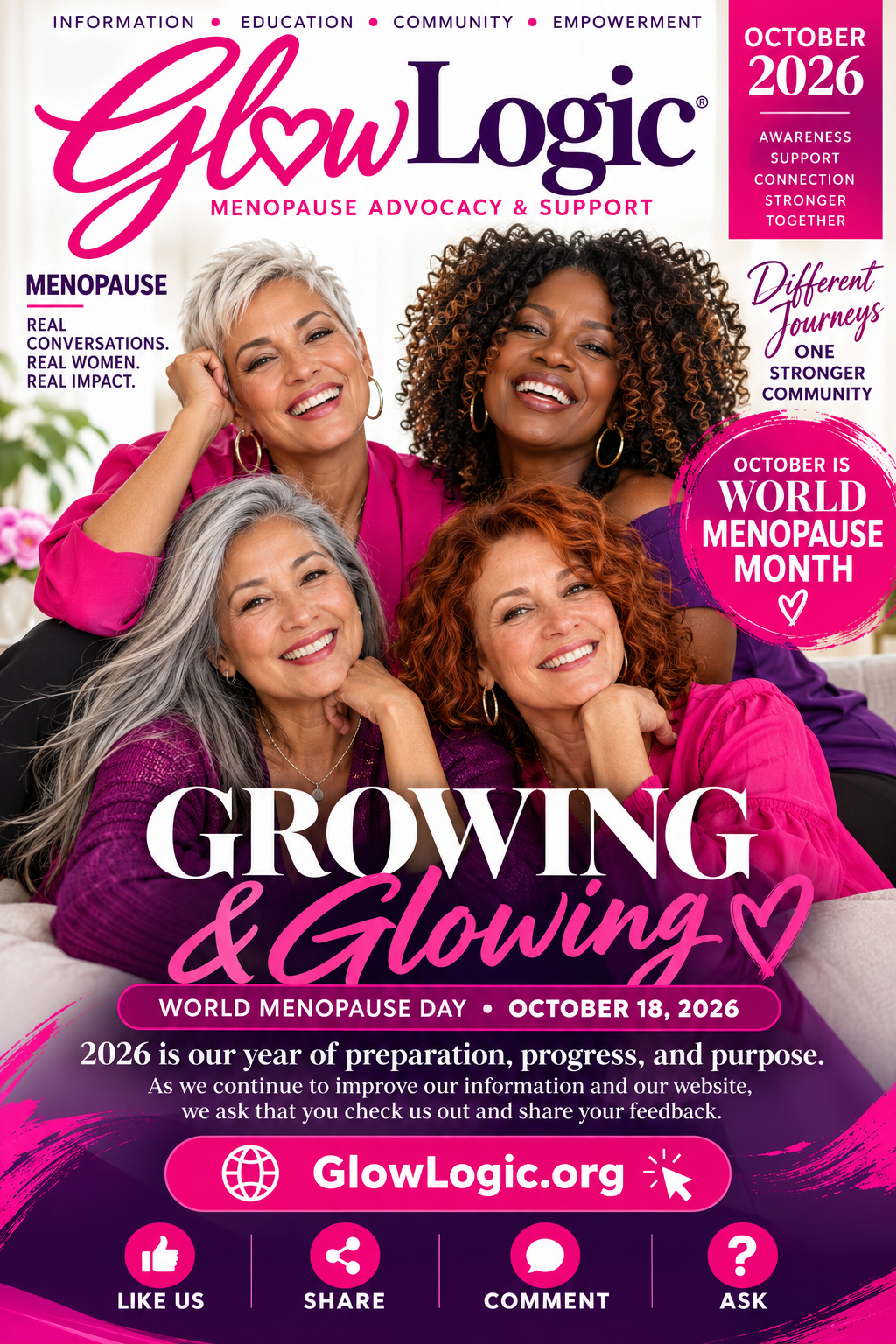 GlowLogic October 2026 cover, Growing and Glowing: four smiling midlife women in pink and purple